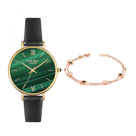 小众必买！Lola Rose 绿色孔雀石皮革表带手表和手镯套组 ￡82.95（约757元）
