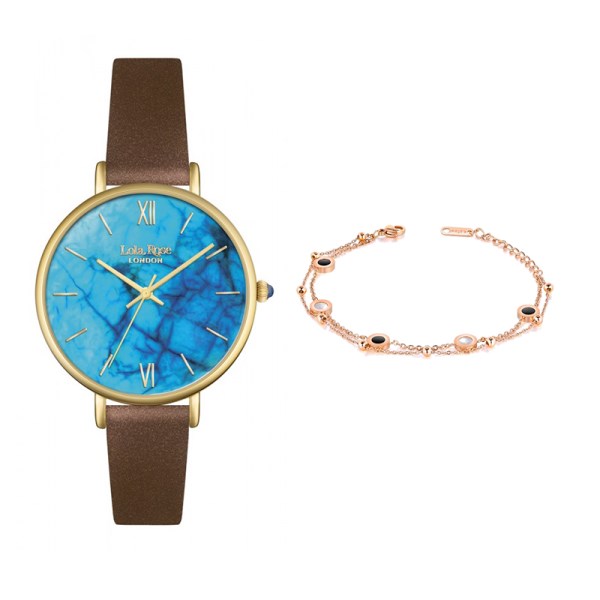 网红款！Lola Rose 镁系列蓝色真皮表带手表和手镯套组 ￡62.21（约552元）