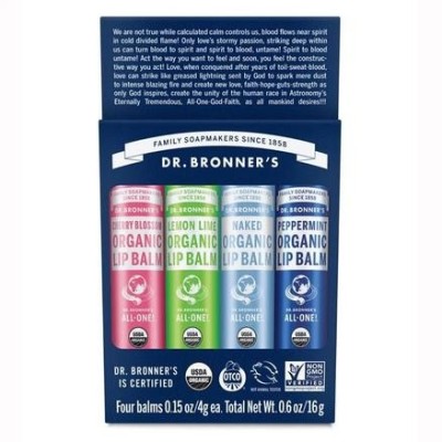 Dr Bronner's 布朗博士 有机蜂蜡润唇膏 4gx4 （无香+樱花+柠檬酸橙+薄荷）<br />       9.6折 23.95澳币